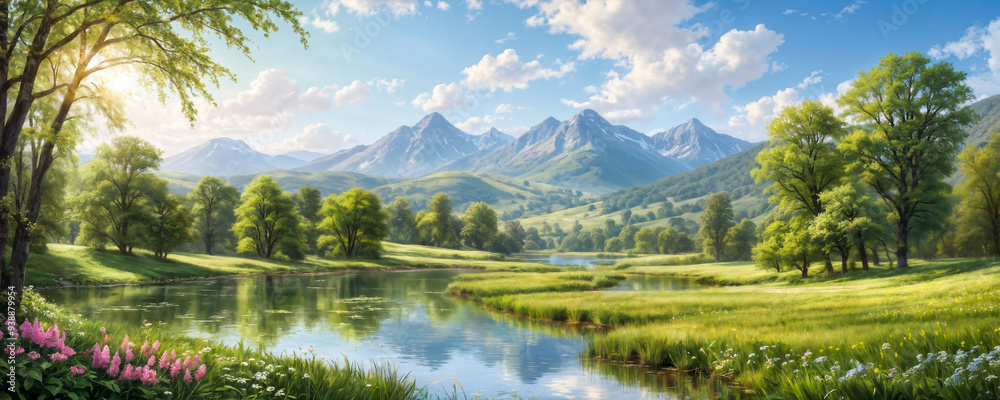 Fototapeta premium Fresh spring leaves in hues of yellow and green dance in the light breeze, while a tranquil stream runs parallel to the path, reflecting the emerging day.