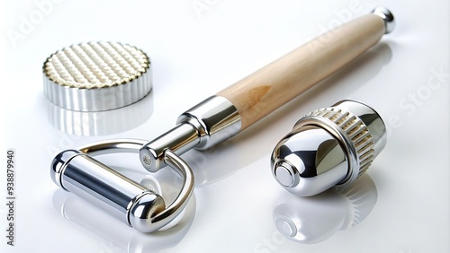 Close-up of a silver face roller with rolling pins and handles on a white background, used for skin care and facial massage therapy. photo