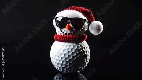 Golf ball  Snowman with  sunglasses, red scarf and hat centered over black background. Area for text to the right .