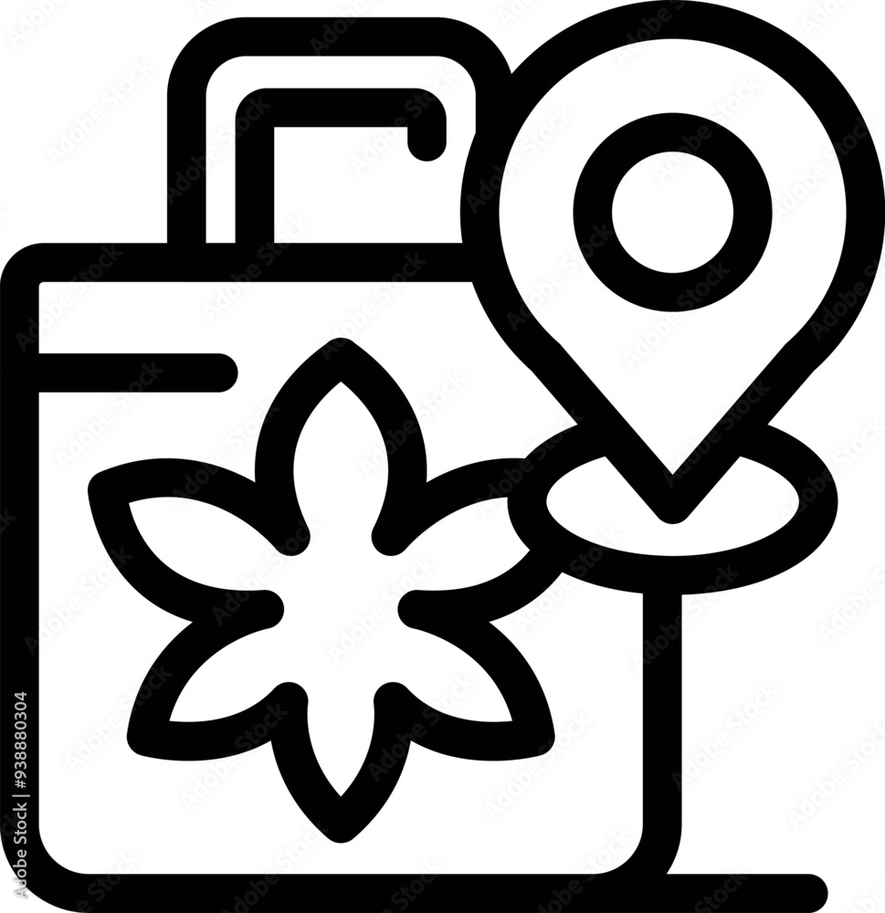 Geolocation icon is marking a bag with a cannabis leaf on it Geolocation icon is marking a bag with a cannabis leaf on it