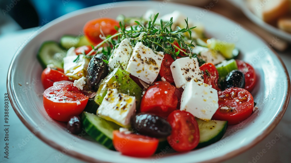 A colorful Mediterranean salad topped with feta cheese and fresh herbs served in a cozy restaurant setting during lunch
