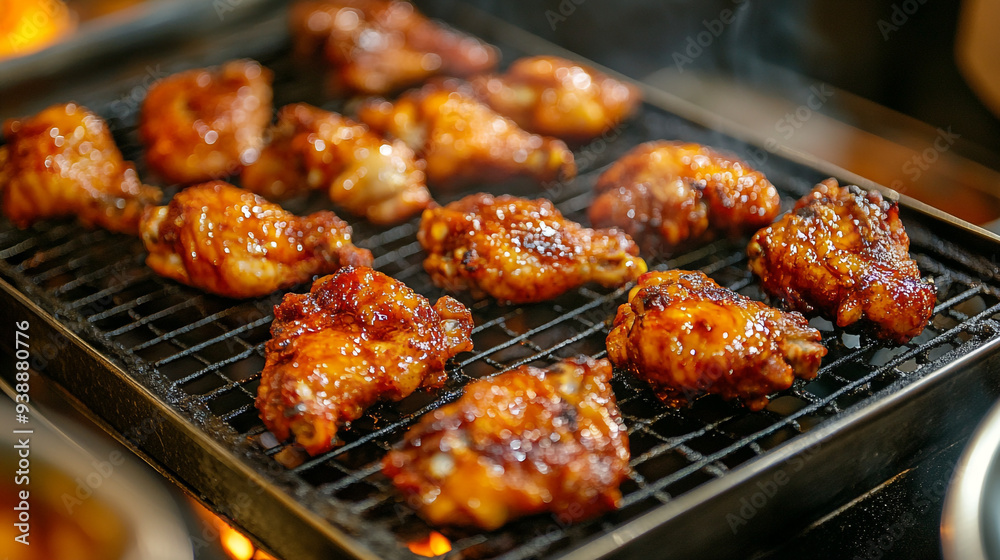 Juicy grilled chicken wings cooking over an open flame in a vibrant outdoor kitchen during summer barbecue festivities Juicy grilled chicken wings cooking over an open flame in a vibrant outdoor kitchen during summer barbecue festivities