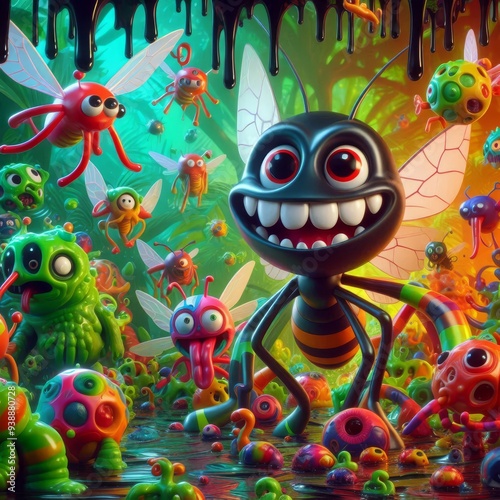 A whimsical gathering of bizarre and colorful creatures in a vibrant, surreal environment filled with playful antics and vivid colors.