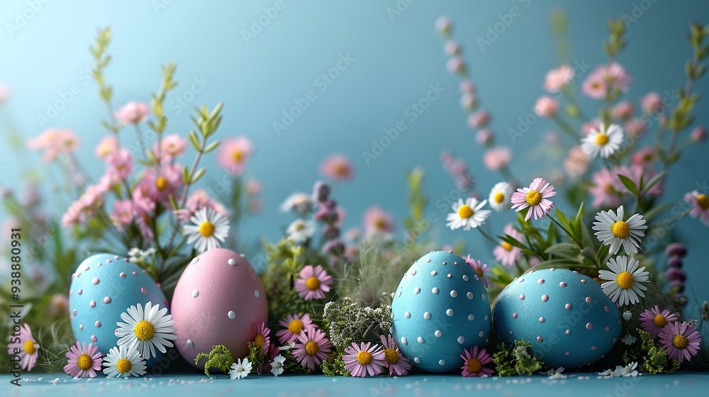 Elegant Easter greeting card design with decorative bunnies, minimal flowers, and pastel blue background featuring Easter eggs. Elegant Easter greeting card design with decorative bunnies, minimal flowers, and pastel blue background featuring Easter eggs.