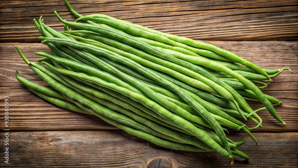 Close-Up Of Raw Yardlong Beans Lying Flat On A Textured Wooden Surface Close-Up Of Raw Yardlong Beans Lying Flat On A Textured Wooden Surface