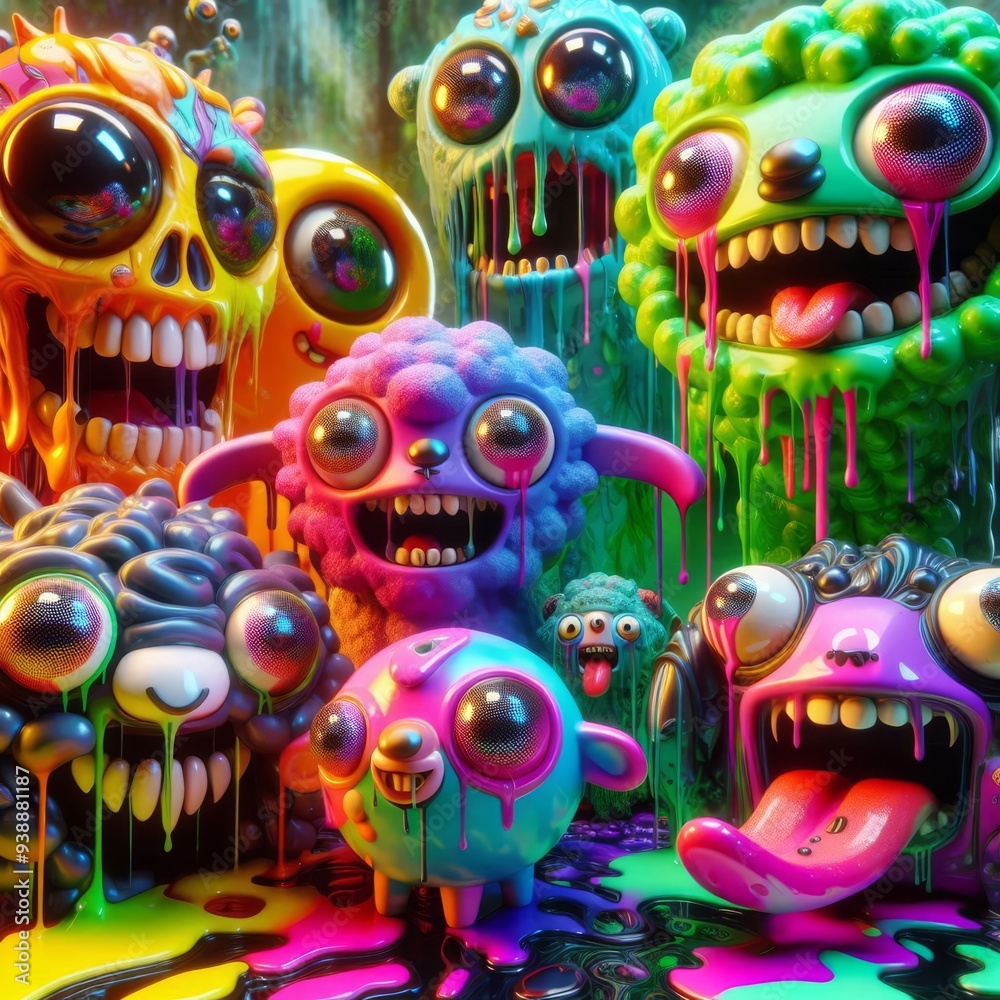 A vibrant, surreal gathering of quirky, colorful monsters dripping with slime, showcasing exaggerated features and playful expressions.