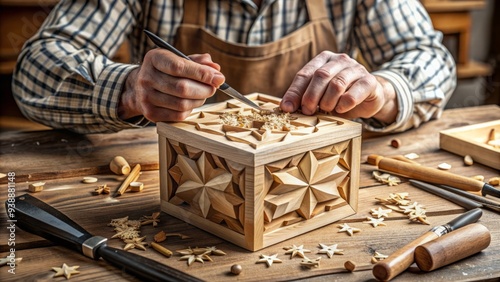 Close-up of skilled hands shaping intricate wooden puzzle box, surrounded by precision tools and wooden shavings, showcasing attention to detail and expertise. photo