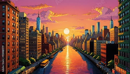 Sunset over a Cityscape with a River photo