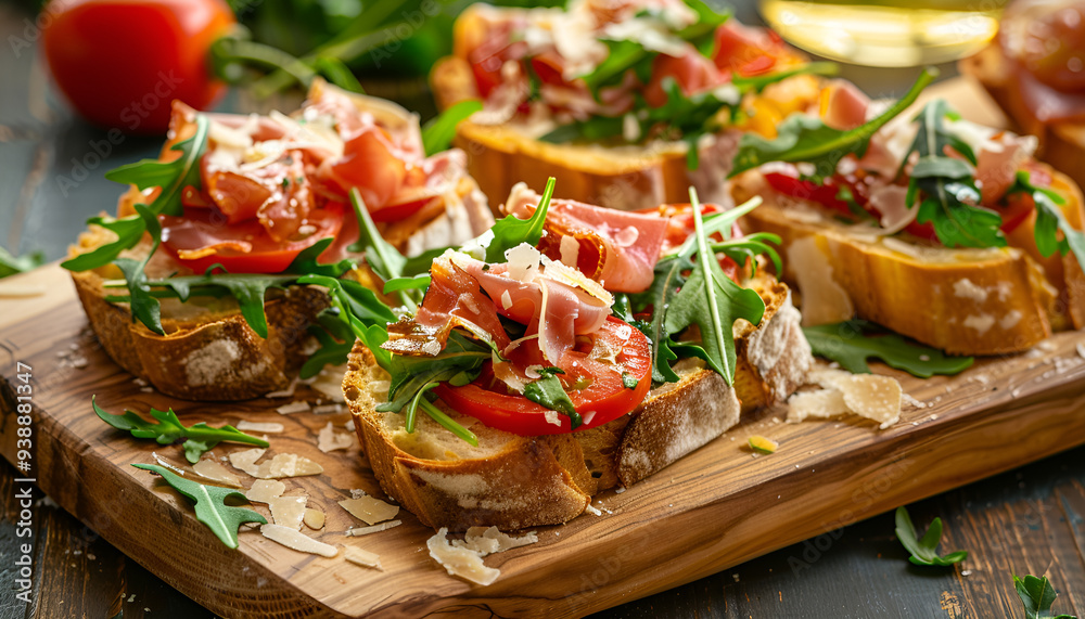 Tasty bruschetta with prosciutto, arugula, cheese and tomato on wooden board Tasty bruschetta with prosciutto, arugula, cheese and tomato on wooden board