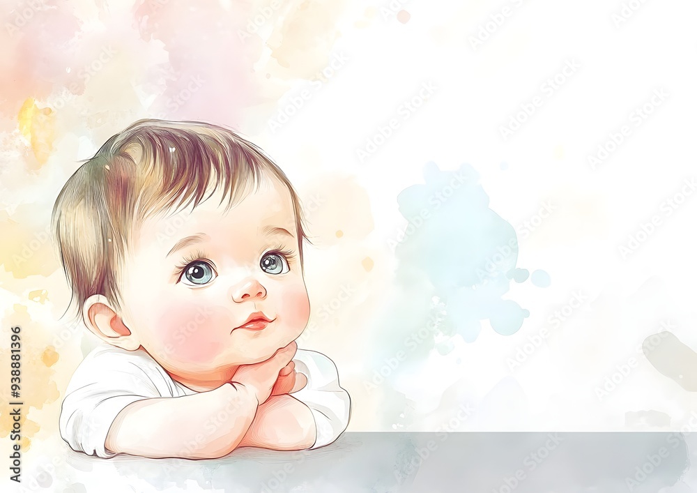 Watercolor illustration of a baby looking up, with soft colors in the background. Template for quotes, and greetings cards.