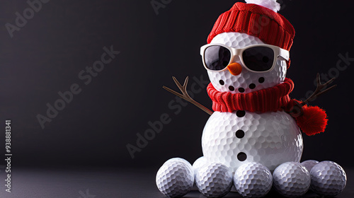 Golf ball  Snowman with red sunglasses, scarf and beanie hat over black background with golf balls. Area for text to the right. Christmas Card