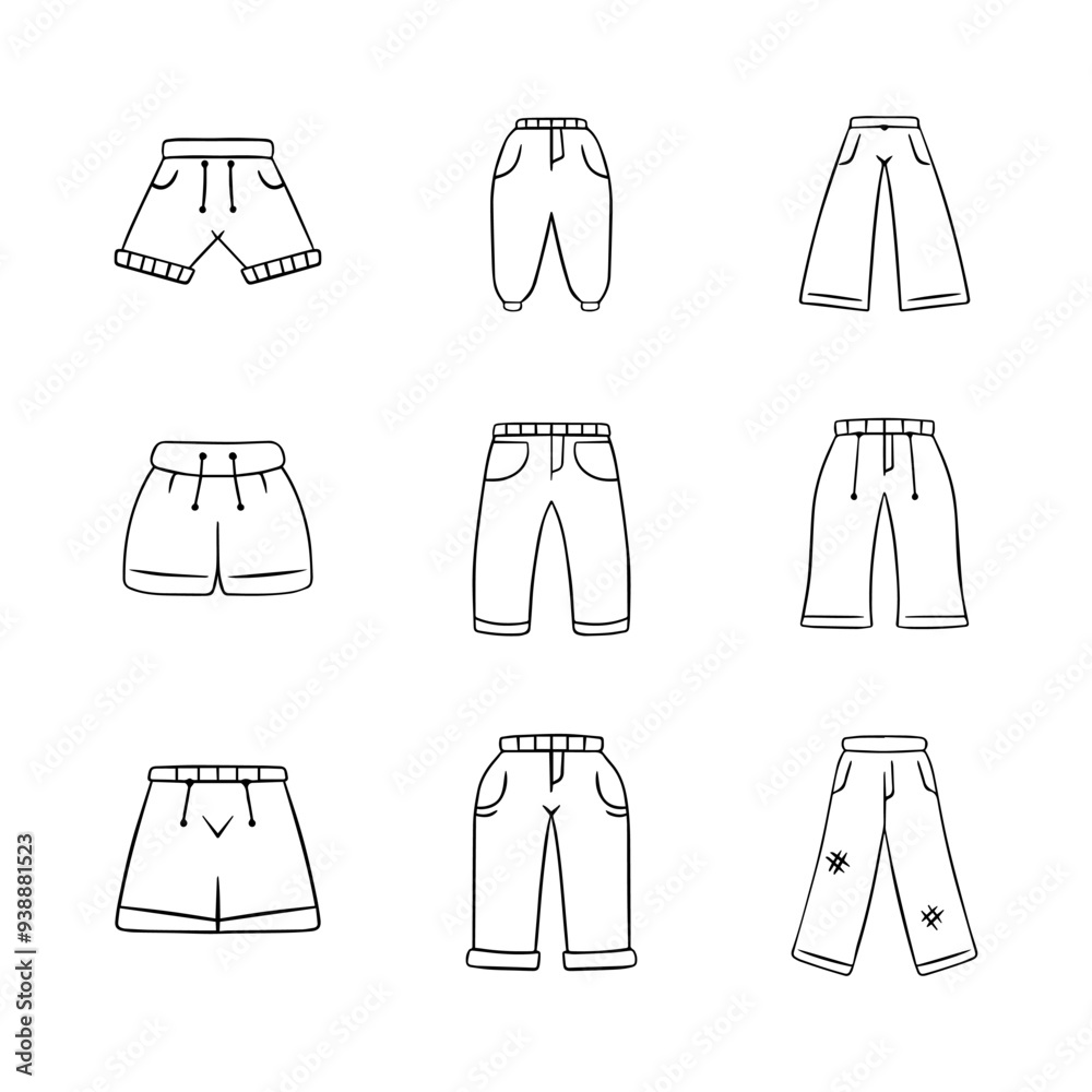 Children's trousers doodle line icon collection. Hand drawn outline style. isolated illustration Children's trousers doodle line icon collection. Hand drawn outline style. isolated illustration