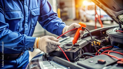 CLOSE-UP SHOT OF A MECHANIC'S HAND HOLDING A MULTIMETER TESTER TO A CAR BATTERY TERMINAL TO CHECK VOLTAGE IN A WELL-LIT GARAGE WORKSHOP.