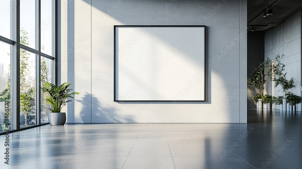 A mockup of an empty, blank white square frame on the wall in a modern art gallery A mockup of an empty, blank white square frame on the wall in a modern art gallery