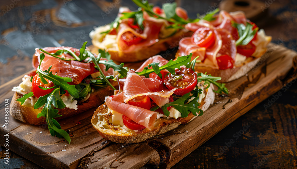 Tasty bruschetta with prosciutto, arugula, cheese and tomato on wooden board Tasty bruschetta with prosciutto, arugula, cheese and tomato on wooden board