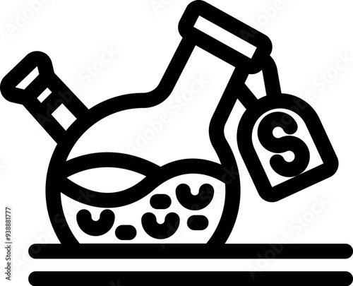 Bold black and white icon of a laboratory flask containing a chemical substance with a dollar sign price tag