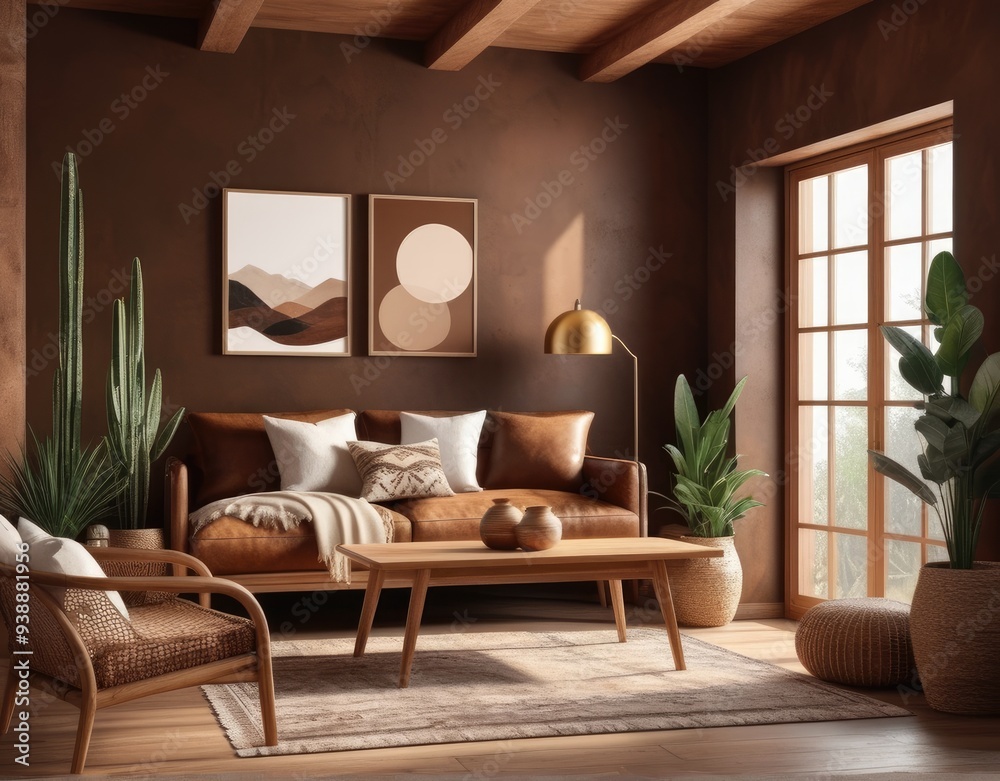 Cozy home interior with wooden furniture on brown background, empty wall mockup in boho decoration, 3d render Cozy home interior with wooden furniture on brown background, empty wall mockup in boho decoration, 3d render