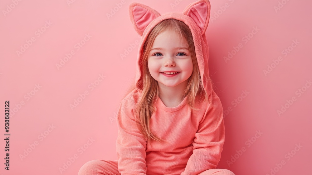 Playful Little Girl in Cat Costume on Pink Background Playful Little Girl in Cat Costume on Pink Background