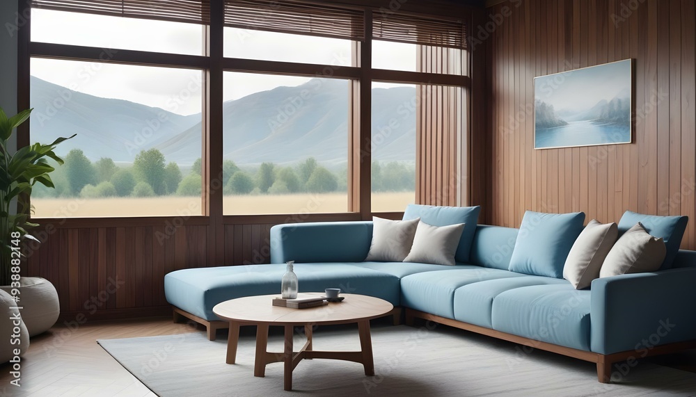 Interior mockup In a white room a blue sofa is placed next to a photo frame on the wall Interior mockup In a white room a blue sofa is placed next to a photo frame on the wall