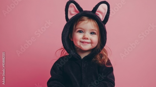 Playful Little Girl in Cat Costume on Pink Background photo