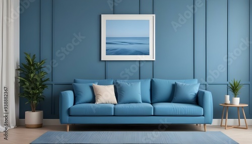 Interior mockup In a white room a blue sofa is placed next to a photo frame on the wall