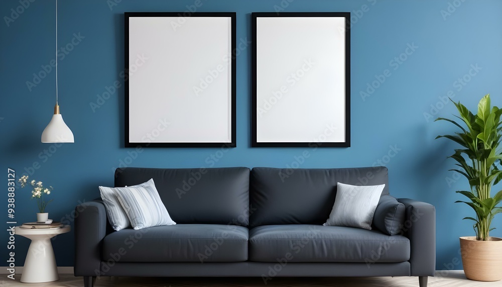 Interior mockup In a white room a blue sofa is placed next to a photo frame on the wall Interior mockup In a white room a blue sofa is placed next to a photo frame on the wall