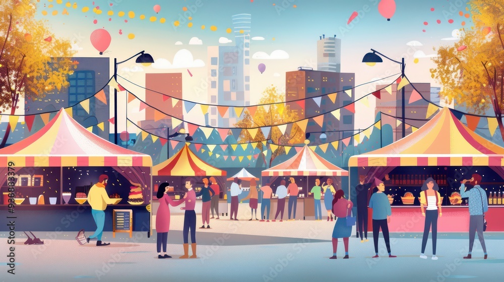 Illustration of a city festival with food stalls and live music. Illustration of a city festival with food stalls and live music.