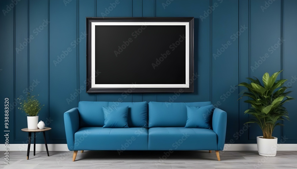 Interior mockup In a white room a blue sofa is placed next to a photo frame on the wall