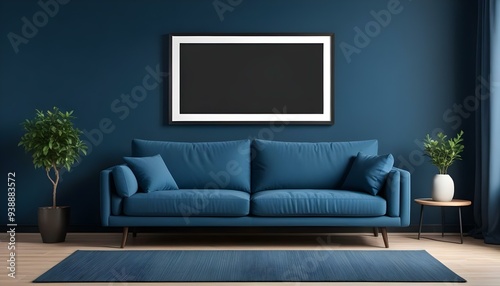 Interior mockup In a white room a blue sofa is placed next to a photo frame on the wall