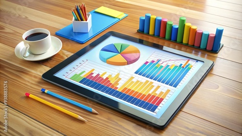 Colorful bar graphs and pie charts on a digital tablet surrounded by financial reports and pencils on a modern wooden desk in a bright office. photo