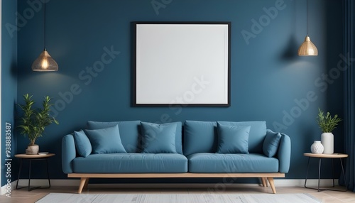 Interior mockup In a white room a blue sofa is placed next to a photo frame on the wall