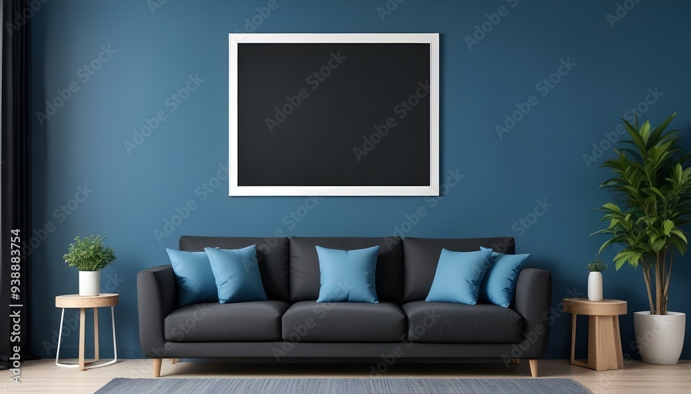 Interior mockup In a white room a blue sofa is placed next to a photo frame on the wall Interior mockup In a white room a blue sofa is placed next to a photo frame on the wall