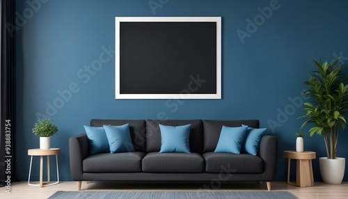 Interior mockup In a white room a blue sofa is placed next to a photo frame on the wall