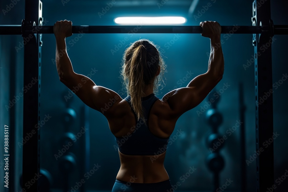 Fototapeta premium A determined woman training hard for strength gains in a dark gym. The focus is on her muscular back. Fitness and empowerment shine through. Generative AI