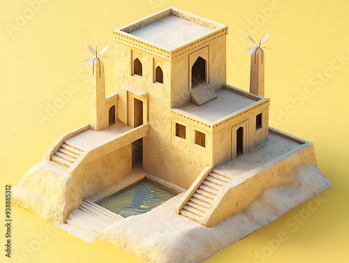 Isometric illustration of an Iranian qanat house photo