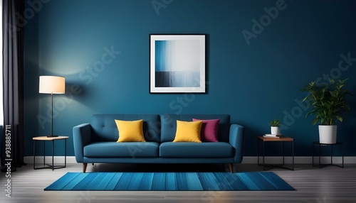 Interior mockup In a white room a blue sofa is placed next to a photo frame on the wall