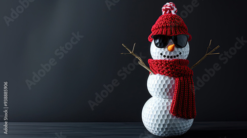 Golf ball  Snowman with red sunglasses, scarf and beanie hat over black background. Area for text to the left. Christmas Card