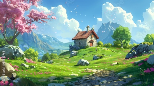 A quaint stone cottage is nestled in a vibrant, blossoming countryside, beneath a serene blue sky, suggesting tranquility.