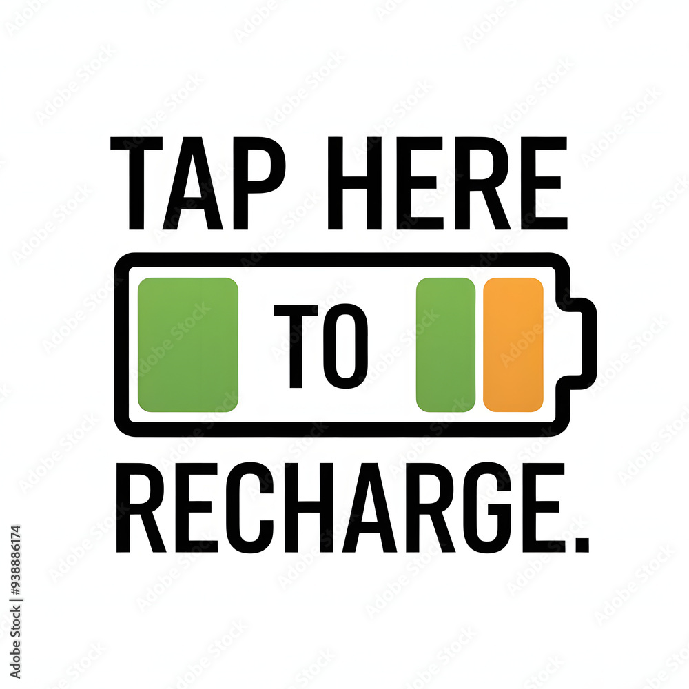 Obraz premium Tap Here to Recharge – Clean Simple Battery Icon T-Shirt Design, Fun Fonts.