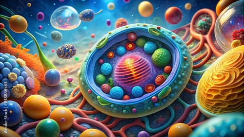 Colorful illustration of a cell structure showing plasma membrane, cytoplasm, nucleus, mitochondria, and ribosomes in a stylized and detailed microscopic view. photo