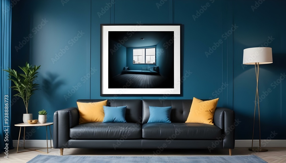 Interior mockup In a white room a blue sofa is placed next to a photo frame on the wall Interior mockup In a white room a blue sofa is placed next to a photo frame on the wall