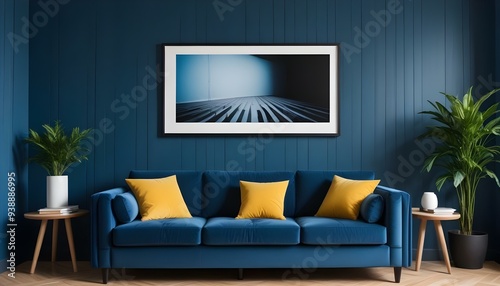 Interior mockup In a white room a blue sofa is placed next to a photo frame on the wall