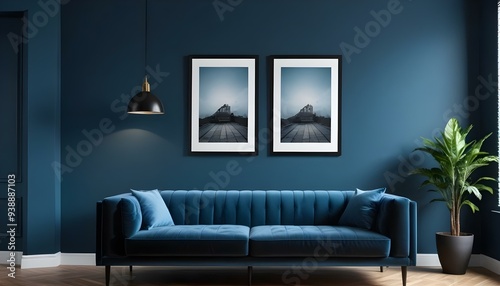 Interior mockup In a white room a blue sofa is placed next to a photo frame on the wall