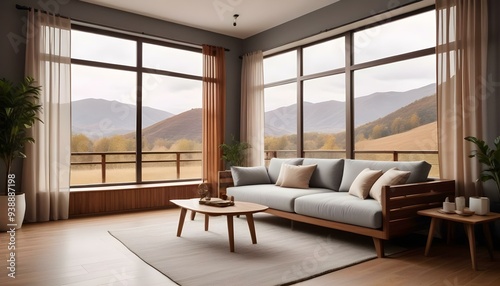 Interior mockup In a white room a blue sofa is placed next to a photo frame on the wall