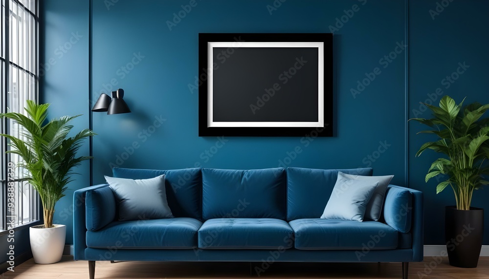 Interior mockup In a white room a blue sofa is placed next to a photo frame on the wall Interior mockup In a white room a blue sofa is placed next to a photo frame on the wall