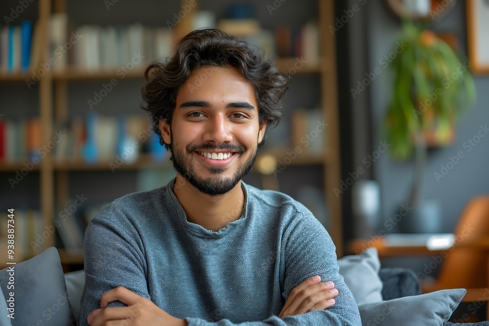 happy young indian man sitting on the sofa in his modern home, crossed arms and smiling at camera, bookcase behind him happy young indian man sitting on the sofa in his modern home, crossed arms and smiling at camera, bookcase behind him