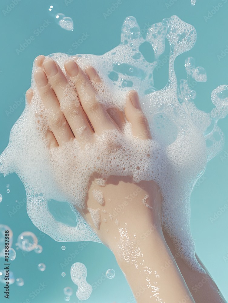 A close-up photograph of hands washing with soap A close-up photograph of hands washing with soap