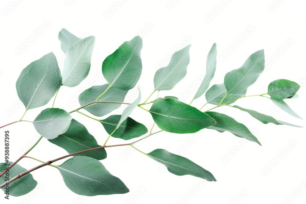 Fototapeta premium A beautiful display of eucalyptus leaves on a bright background. Ideal for nature themes and creative projects. Fresh elements with a stylish touch. Generative AI