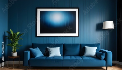 Interior mockup In a white room a blue sofa is placed next to a photo frame on the wall