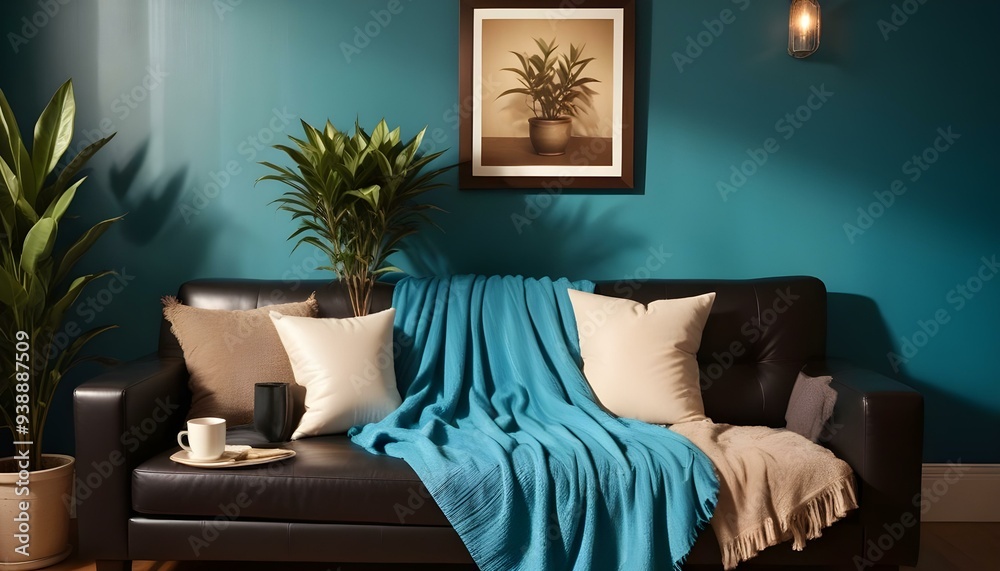 Interior mockup In a white room a blue sofa is placed next to a photo frame on the wall Interior mockup In a white room a blue sofa is placed next to a photo frame on the wall